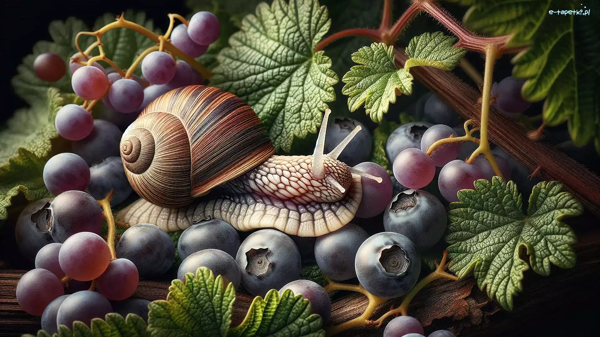 Borówki, Winogrona, Liście, Grafika, Owoce, Ślimak