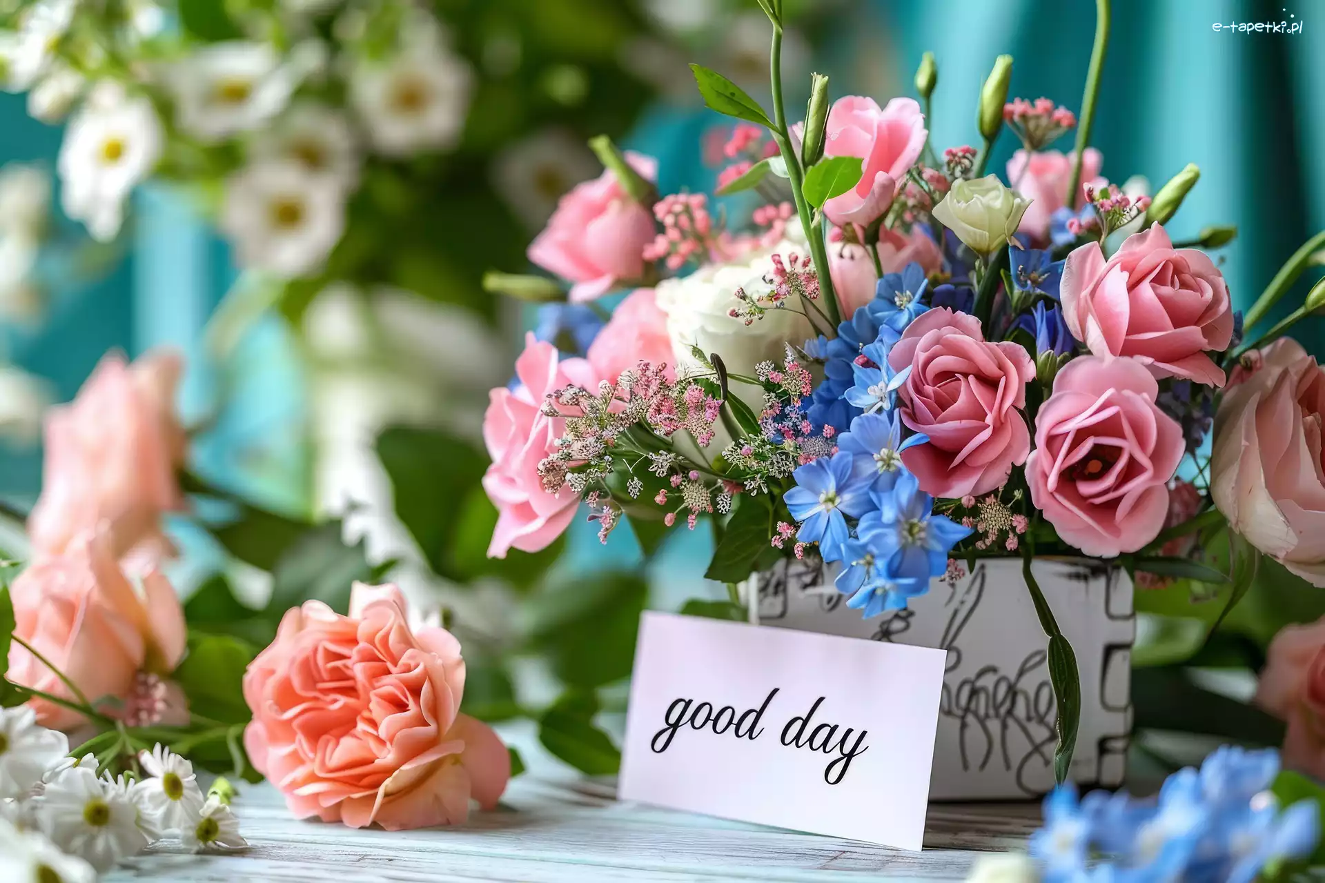 Kwiaty, Wazon, Bukiet, Good day, Napis