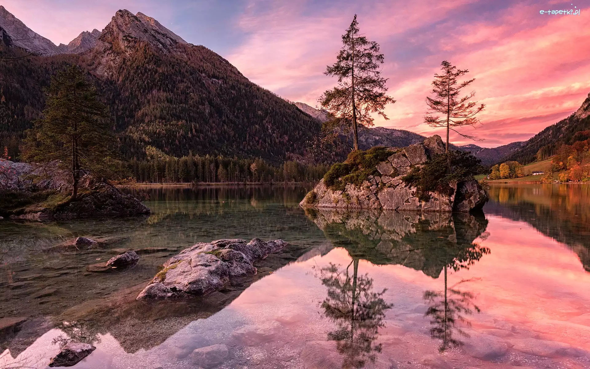 Drzewa, Hintersee, Niemcy, Bawaria, Skały, Góry Alpy, Zachód słońca, Jezioro