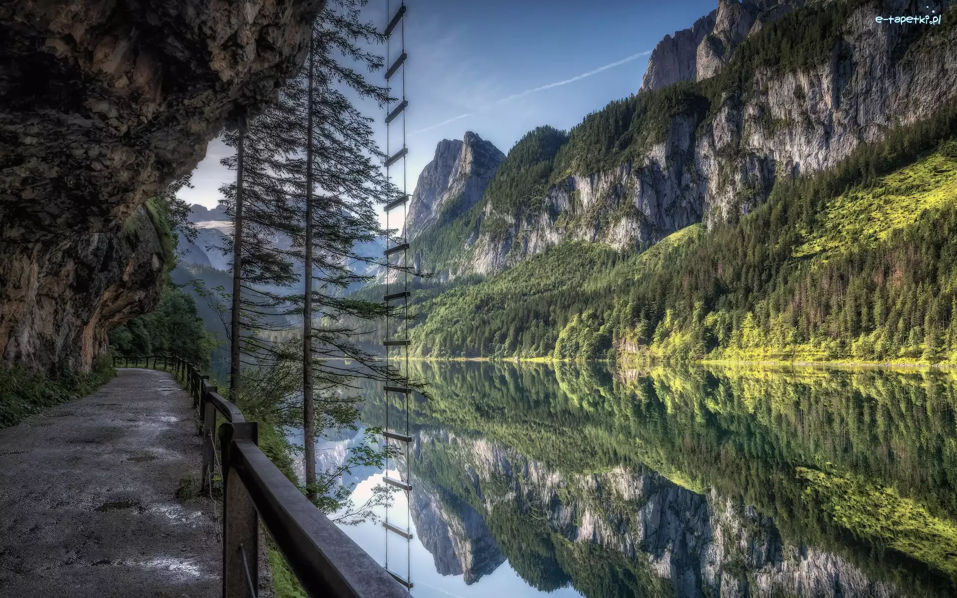 Odbicie, Jezioro, Gosausee, Góry, Austria, Droga, Lasy
