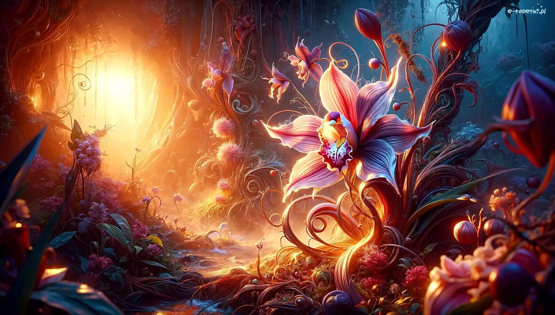 Orchidea, Las, Storczyk, Grafika, Zachód słońca