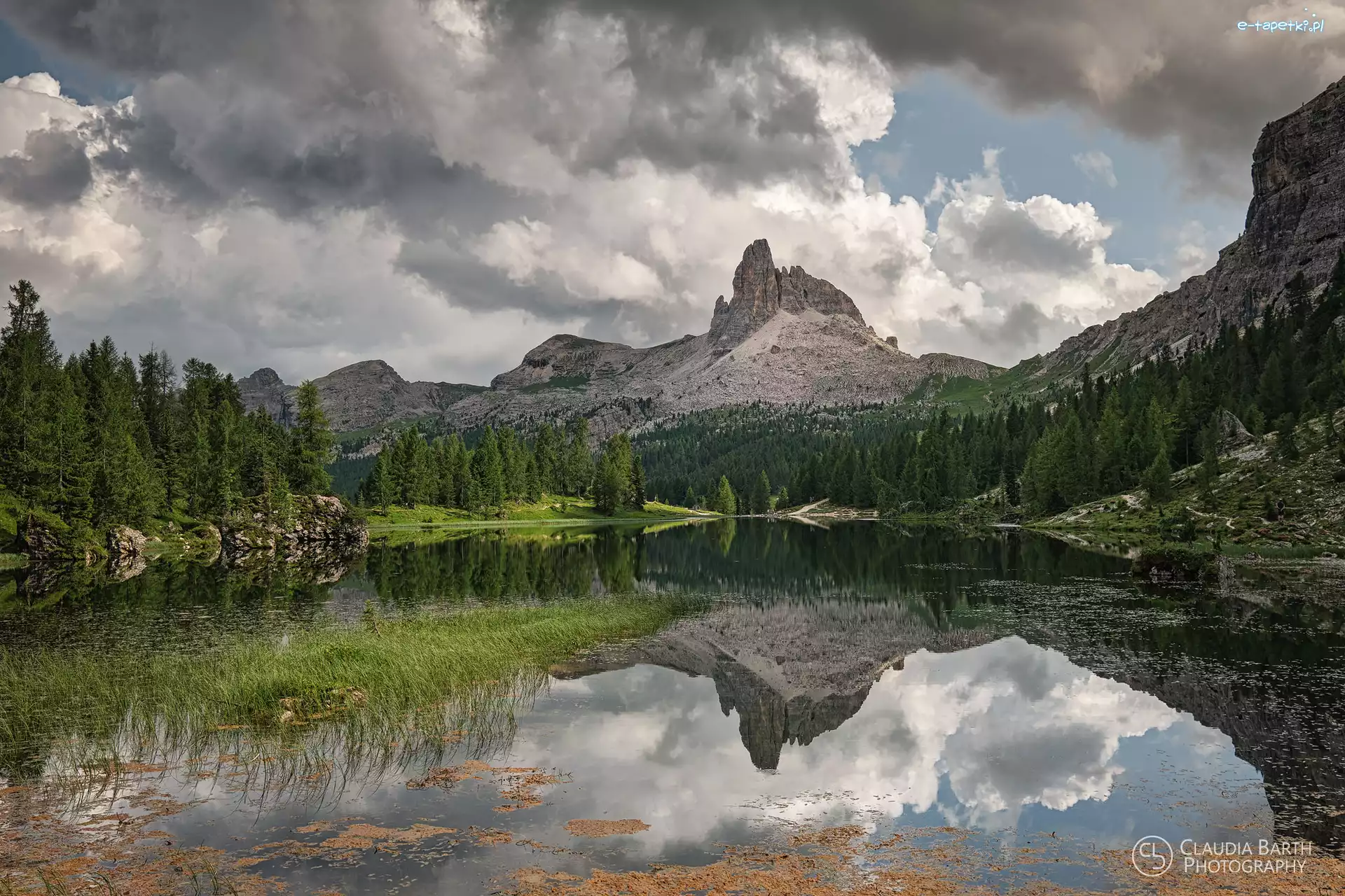 Kamienie, Góry, Chmury, Drzewa, Skały, Jezioro, Lago Federa, Włochy, Dolomity, Trawa
