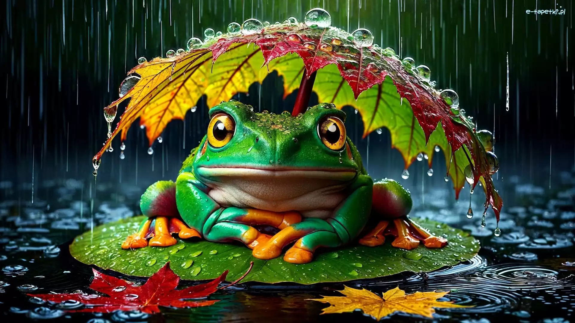 Grafika, Deszcz, Żaba, Kałuża, Liście