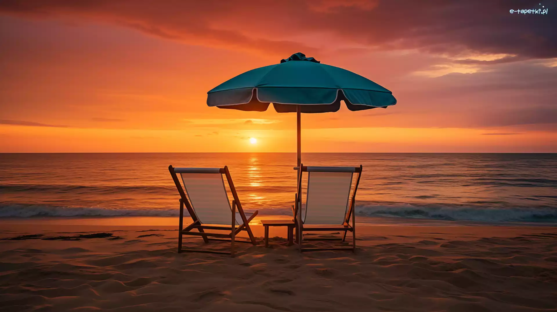 Parasol, Zachód słońca, Leżaki, Grafika, Plaża, Morze