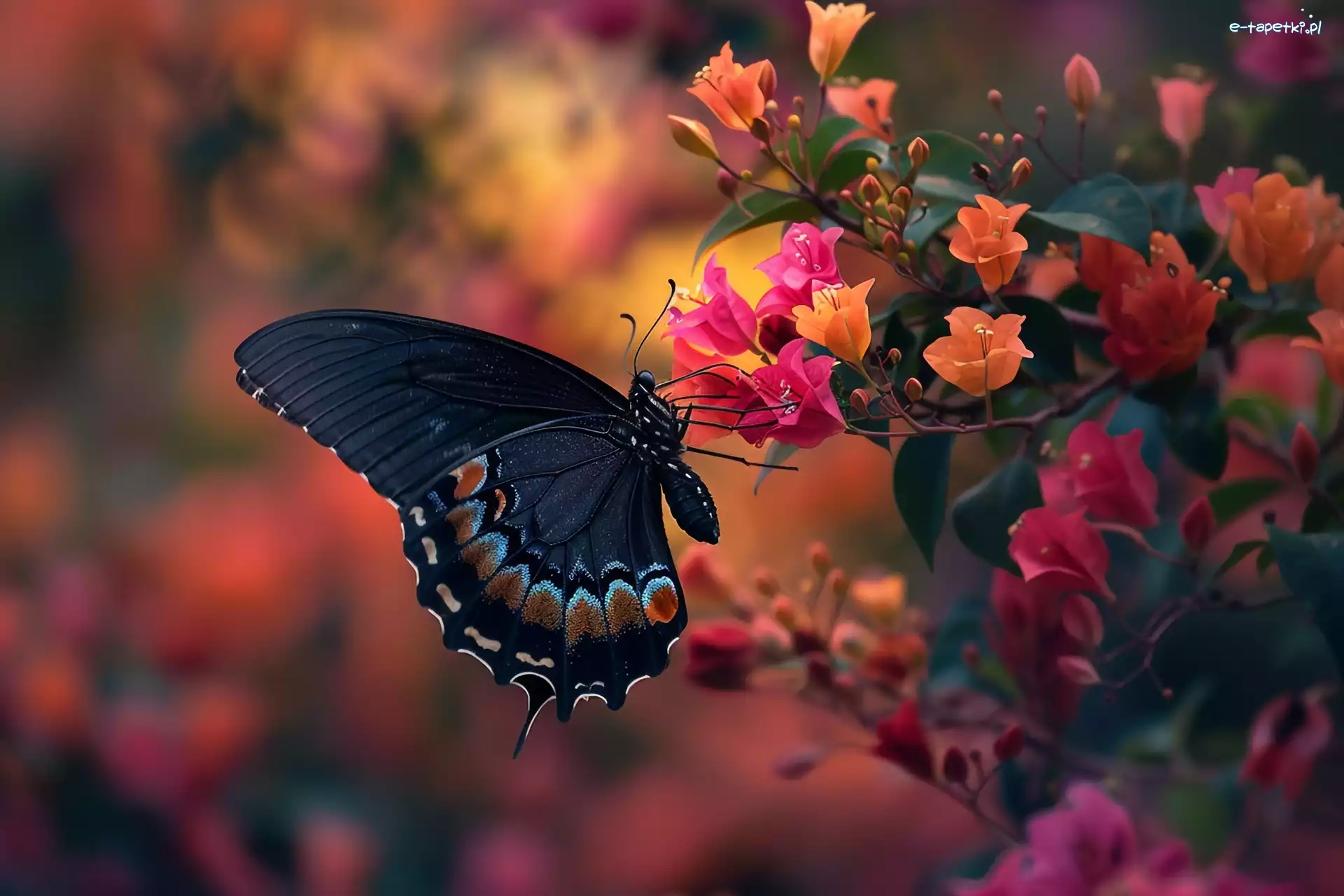 Motyl, Grafika, Kwiaty, Czarny