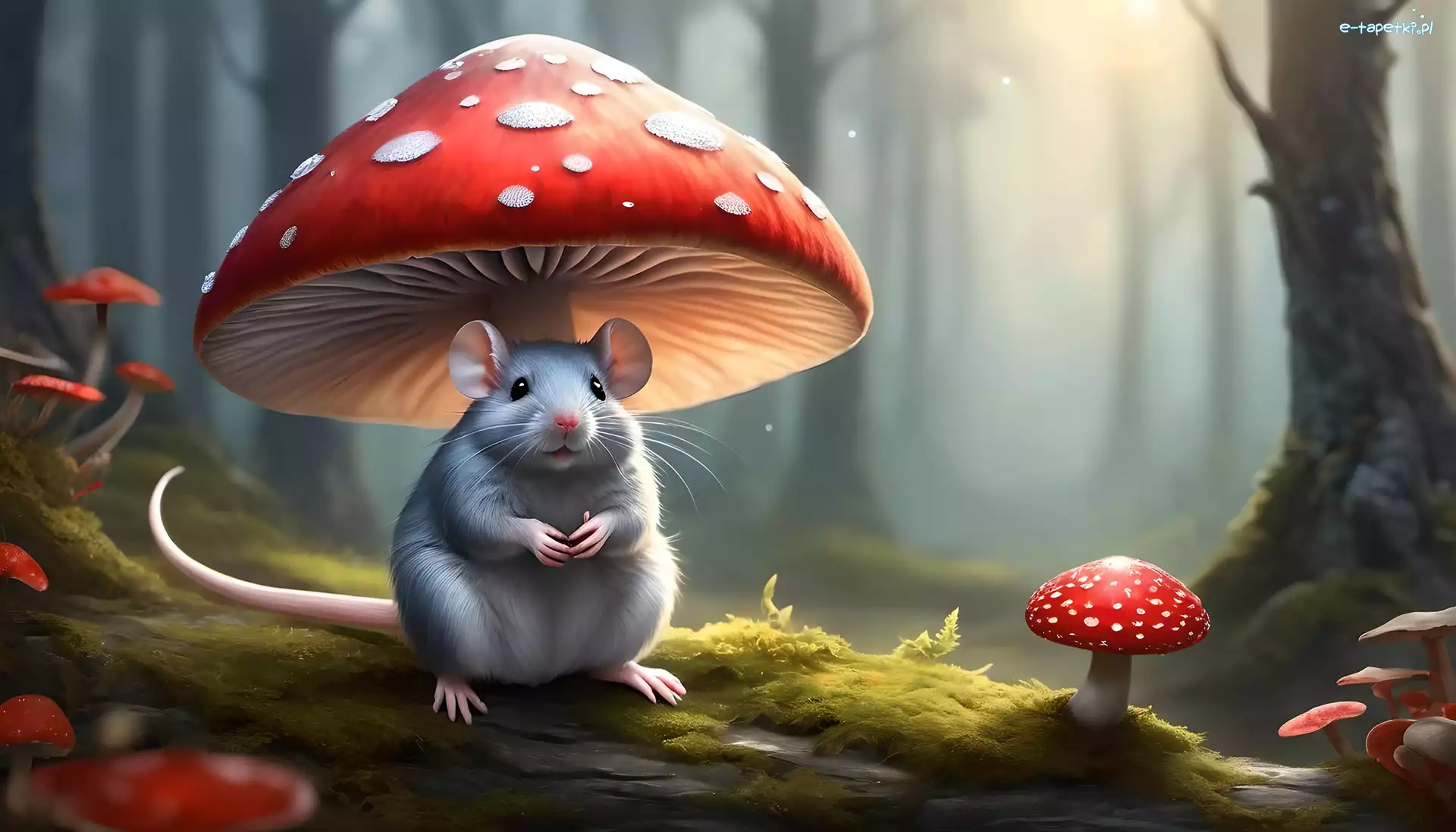 Szara, Muchomory, Mysz, Grafika, Grzyby