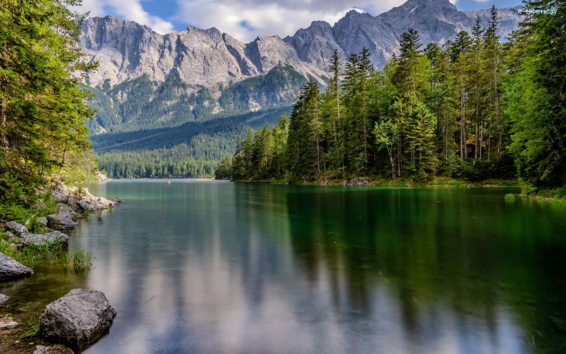 Drzewa, Bawaria, Odbicie, Lasy, Alpy Bawarskie, Jezioro, Eibsee Lake, Niemcy, Góry, Kamienie
