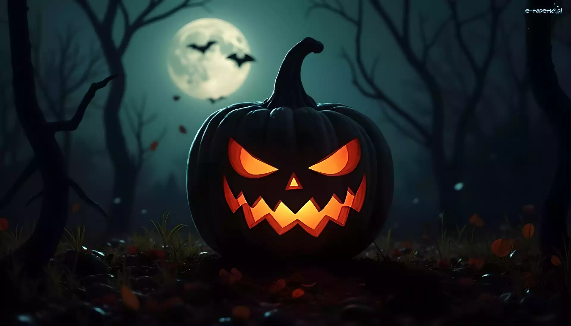 Dynia, Drzewa, Księżyc, Grafika, Halloween