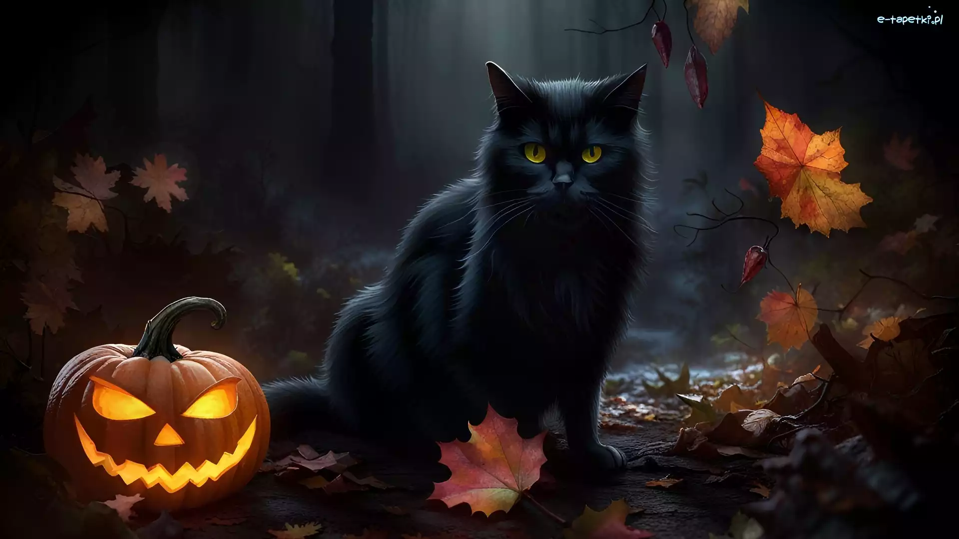 Czarny, Dynia, Kot, Halloween, Liście