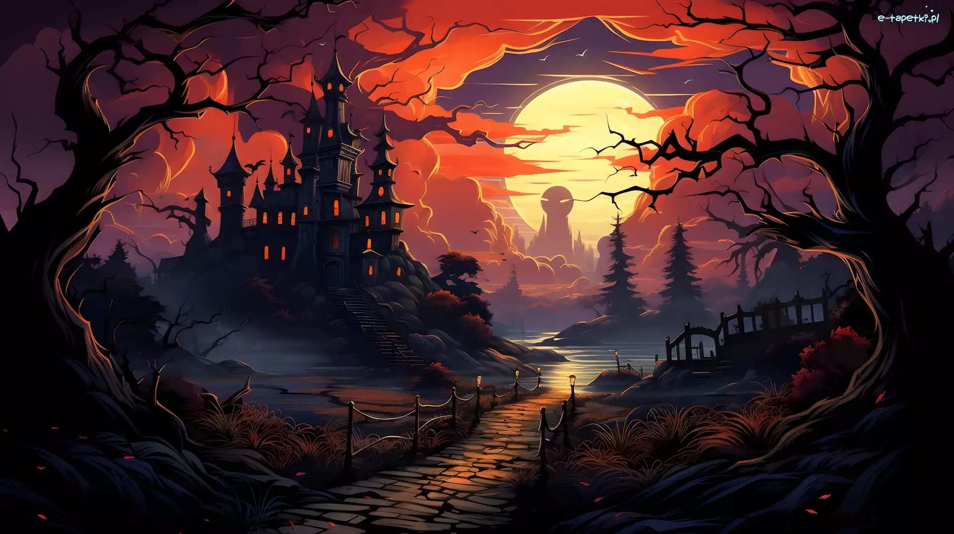 Droga, Zamek, Drzewa, Fantasy, Księżyc, Noc