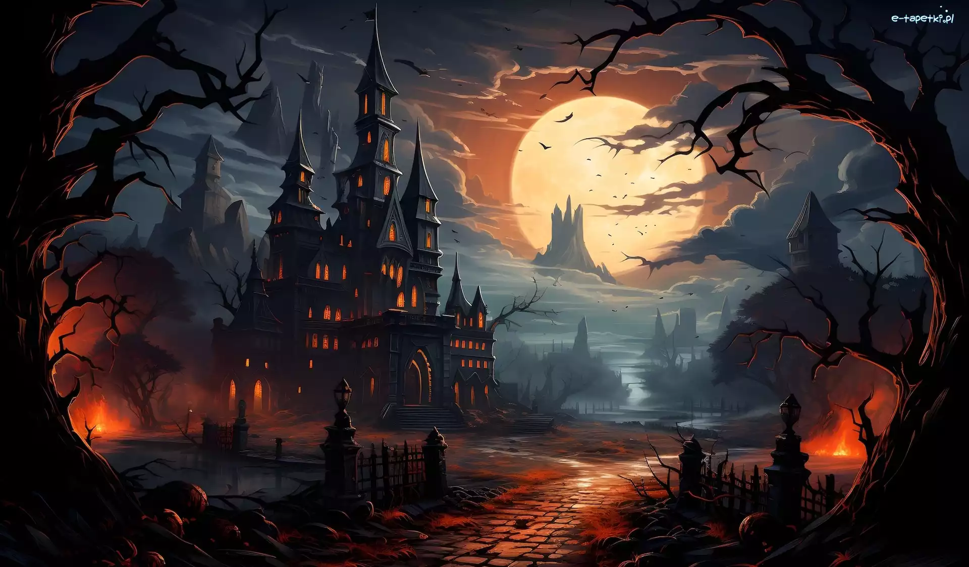 Drzewa, Fantasy, Księżyc, Zamek