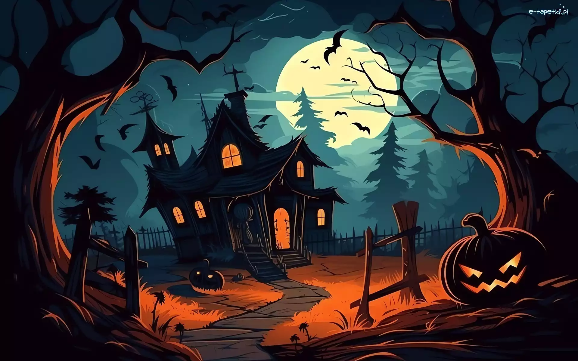 Droga, Noc, Ptaki, Dynia, Pochylony, Dom, Świecąca, Halloween, Księżyc, Drzewa