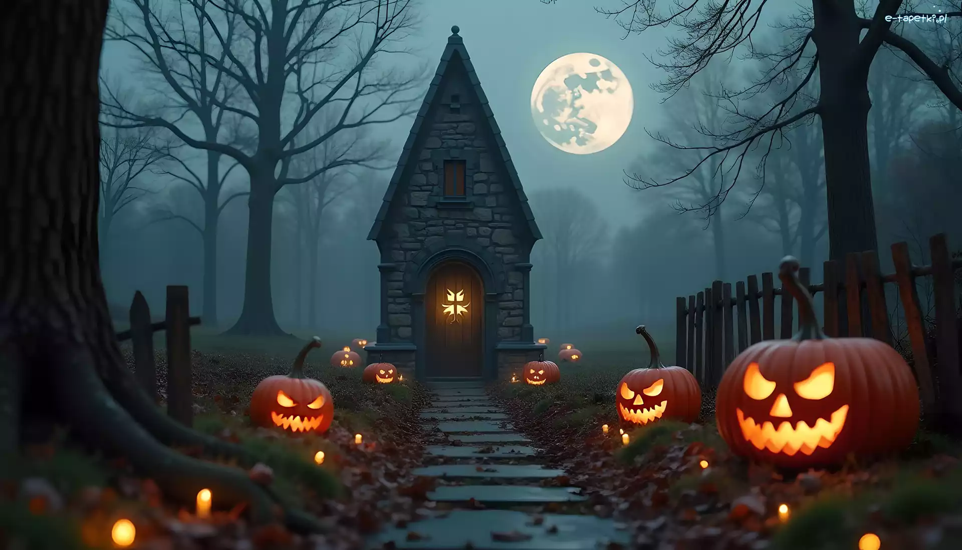 Kaplica, Księżyc, Dynie, Grafika, Halloween