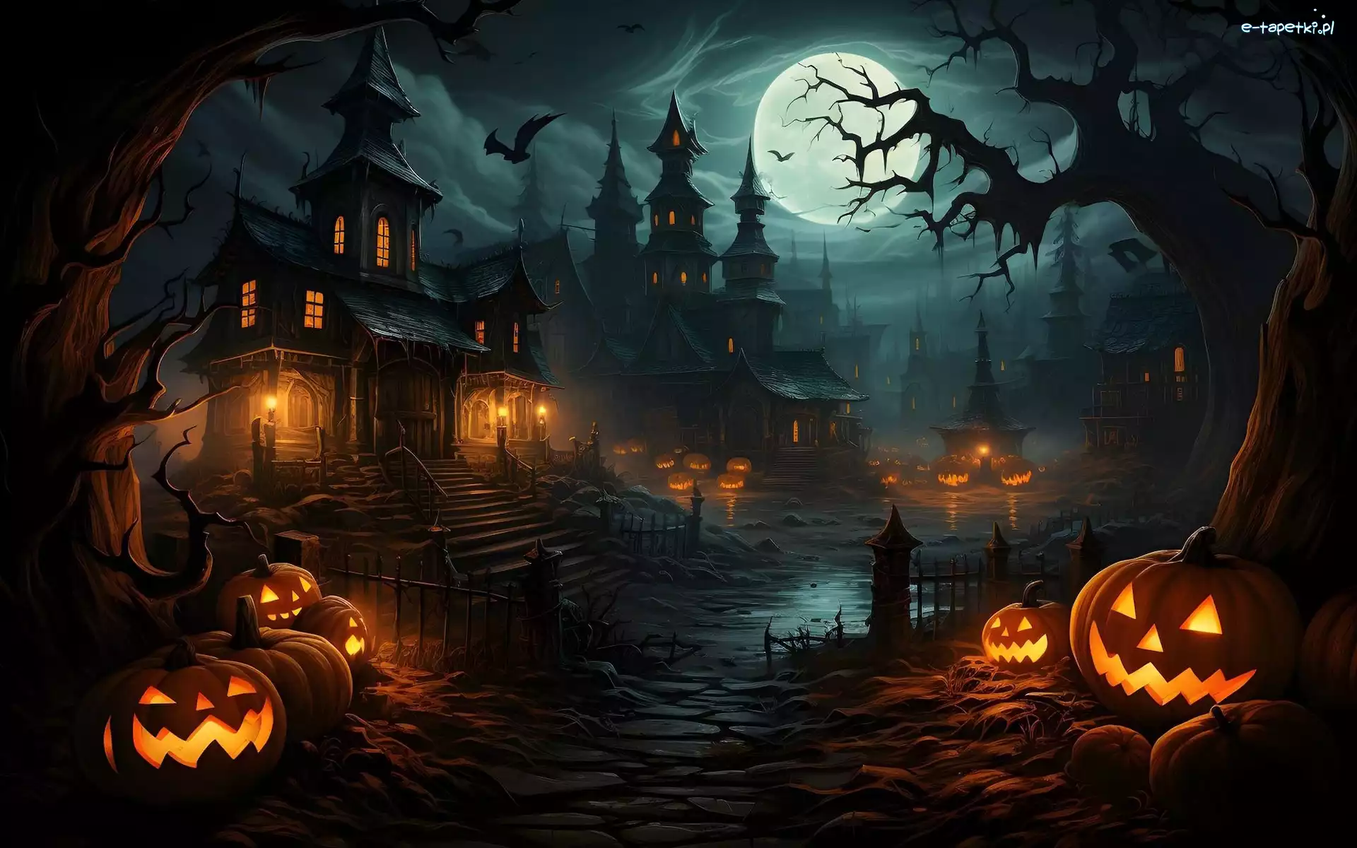 Dynie, Noc, Domy, Grafika, Halloween, Drzewa, Księżyc
