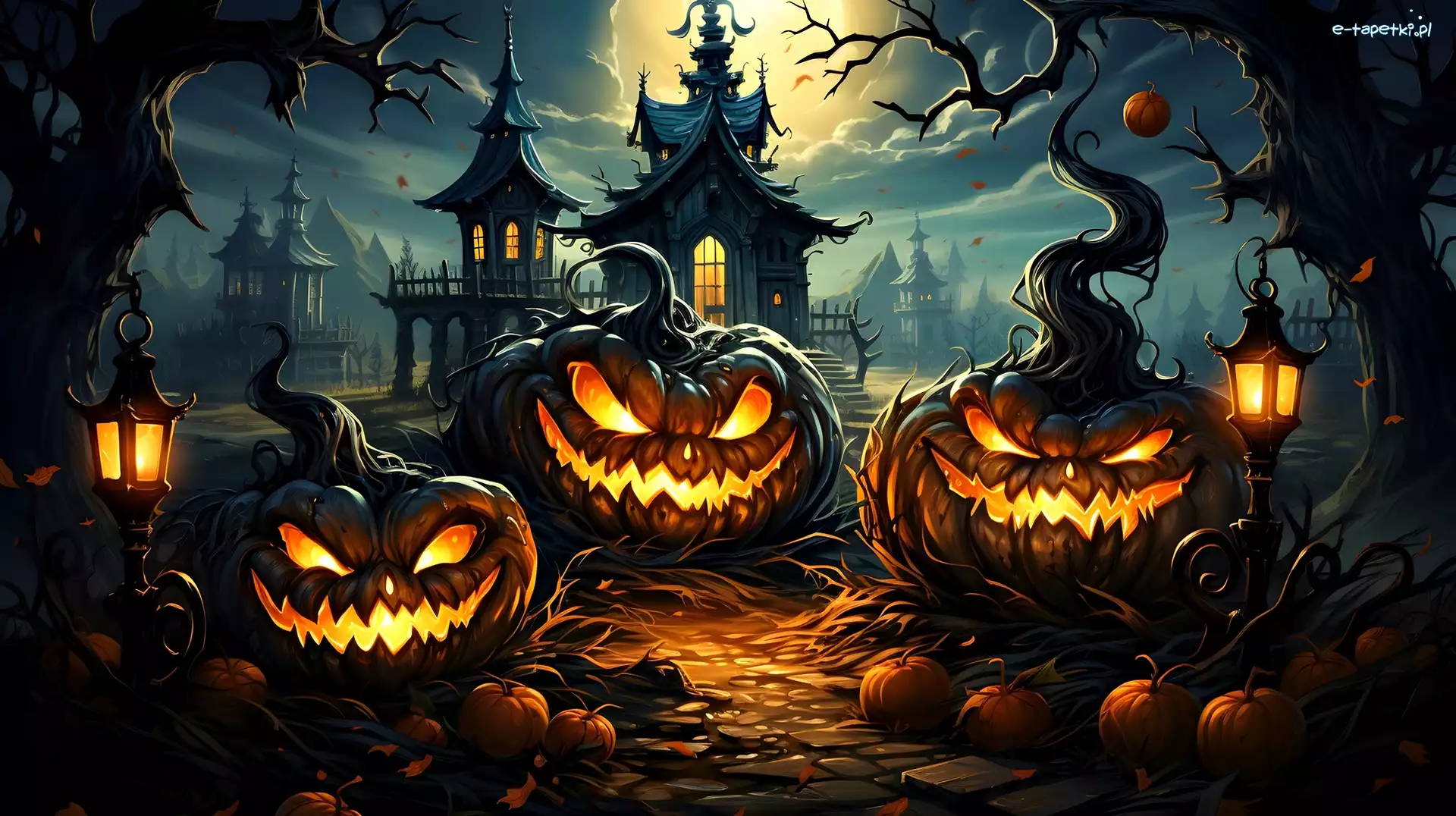 Noc, Dynie, Domy, Grafika, Podświetlone, Halloween