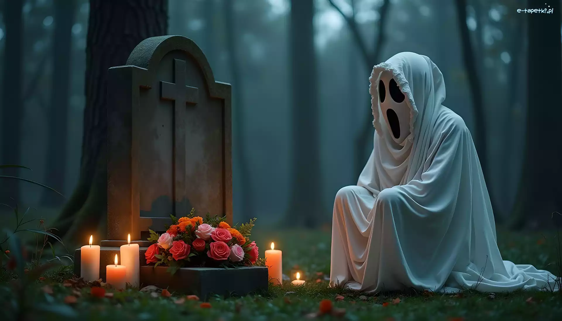Grafika, Świece, Kwiaty, Halloween, Nagrobek, Duch