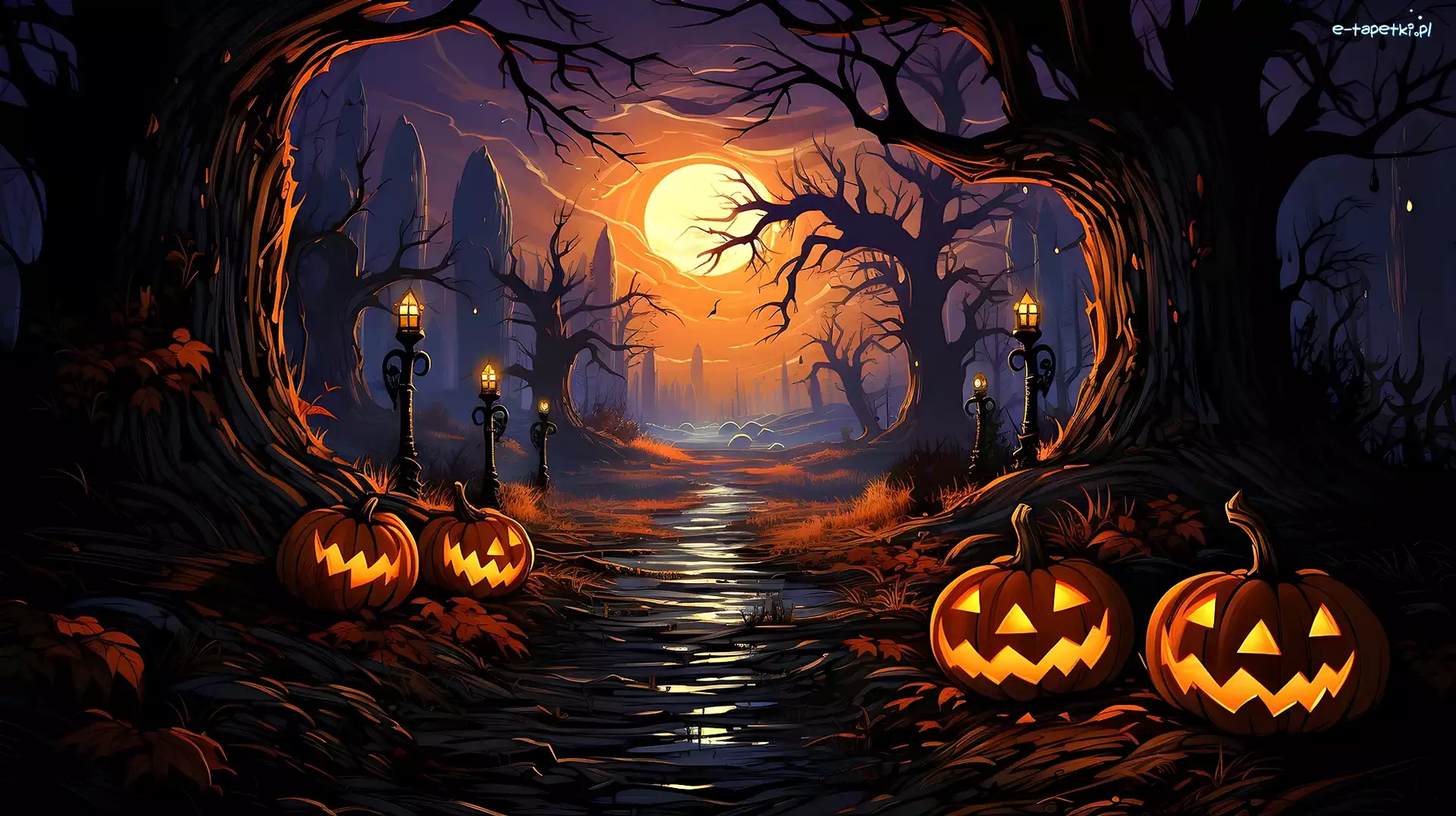 Latarnie, Droga, Grafika, Halloween, Drzewa, Księżyc, Noc, Dynie