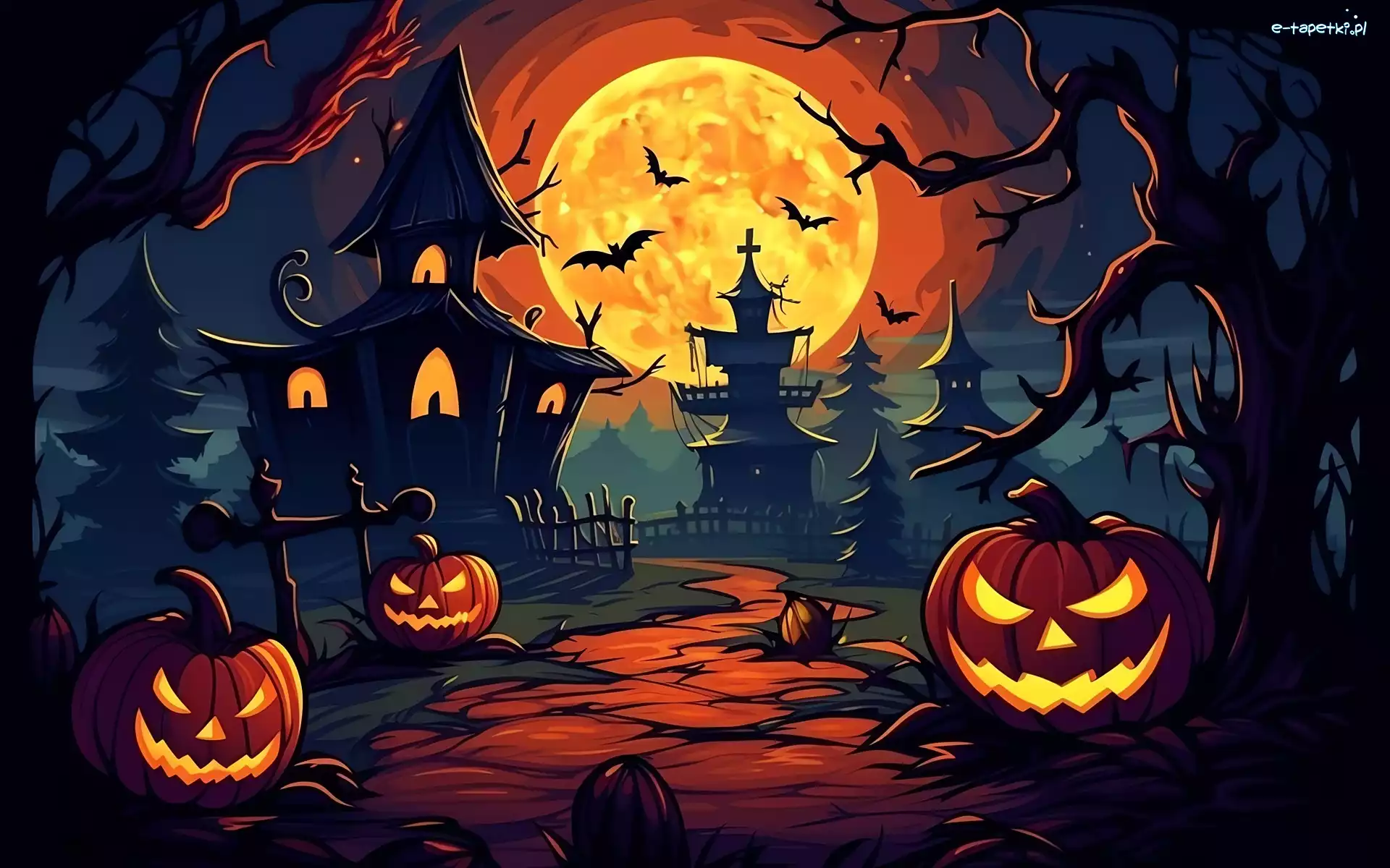 Ptaki, Noc, Droga, Drzewa, Domy, Świecące, Dynie, Halloween, Księżyc, Nietoperze