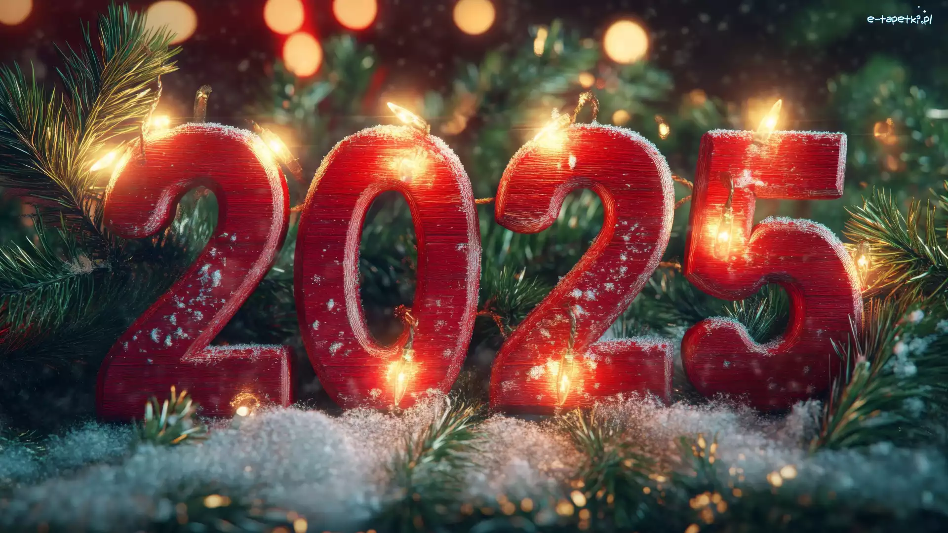 Świerkowe, Gałązki, 2025, Nowy Rok, Zima, Grafika, Światełka, Data, Śnieg
