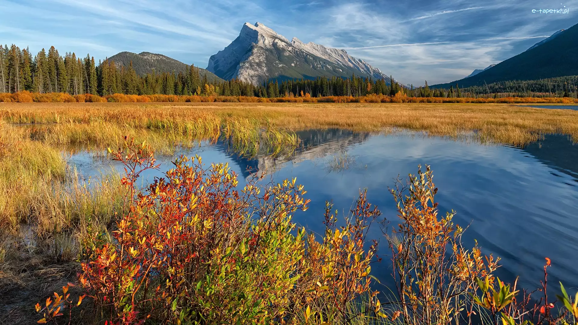 Mount Rundle, Park Narodowy Banff, Drzewa, Jesień, Góra, Jezioro, Vermilion Lake, Kanada