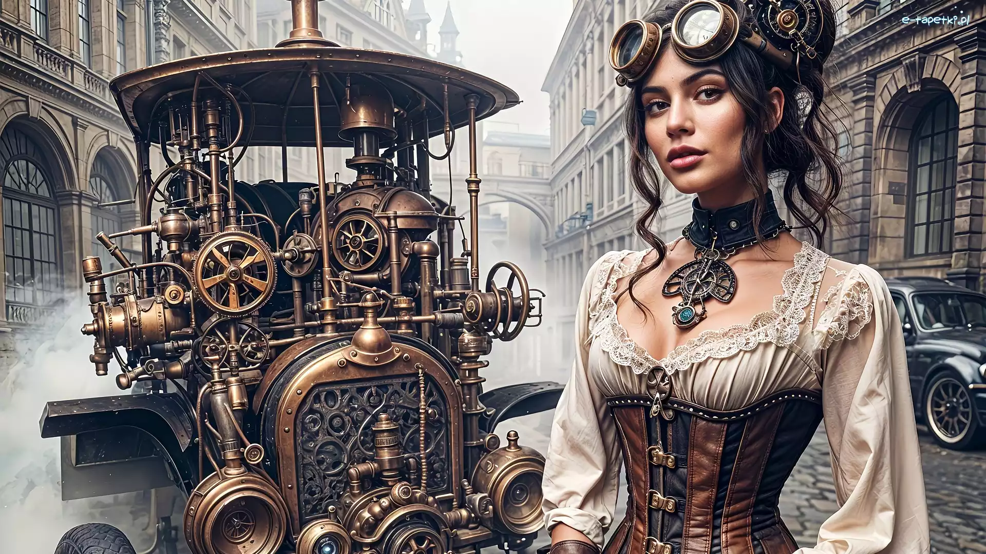Samochód, Domy, Kamienice, Fantasy, Steampunk, Kobieta