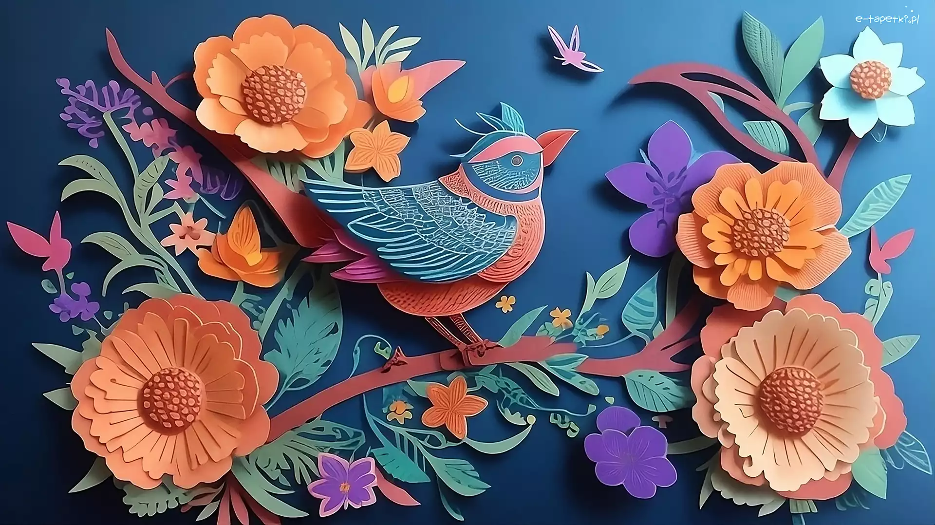 Grafika, Pomarańczowe, Papierowe, Ptak, Kwiaty