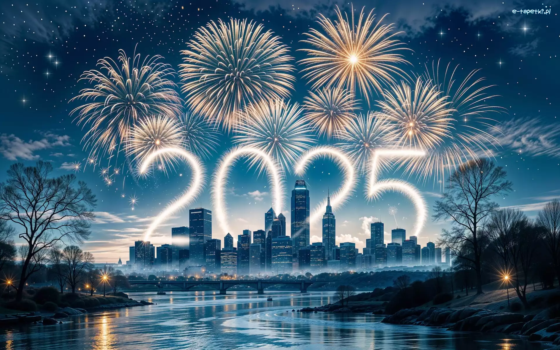2025, Miasto, Wieżowce, Fajerwerki, Sylwester, Nowy Rok, Grafika
