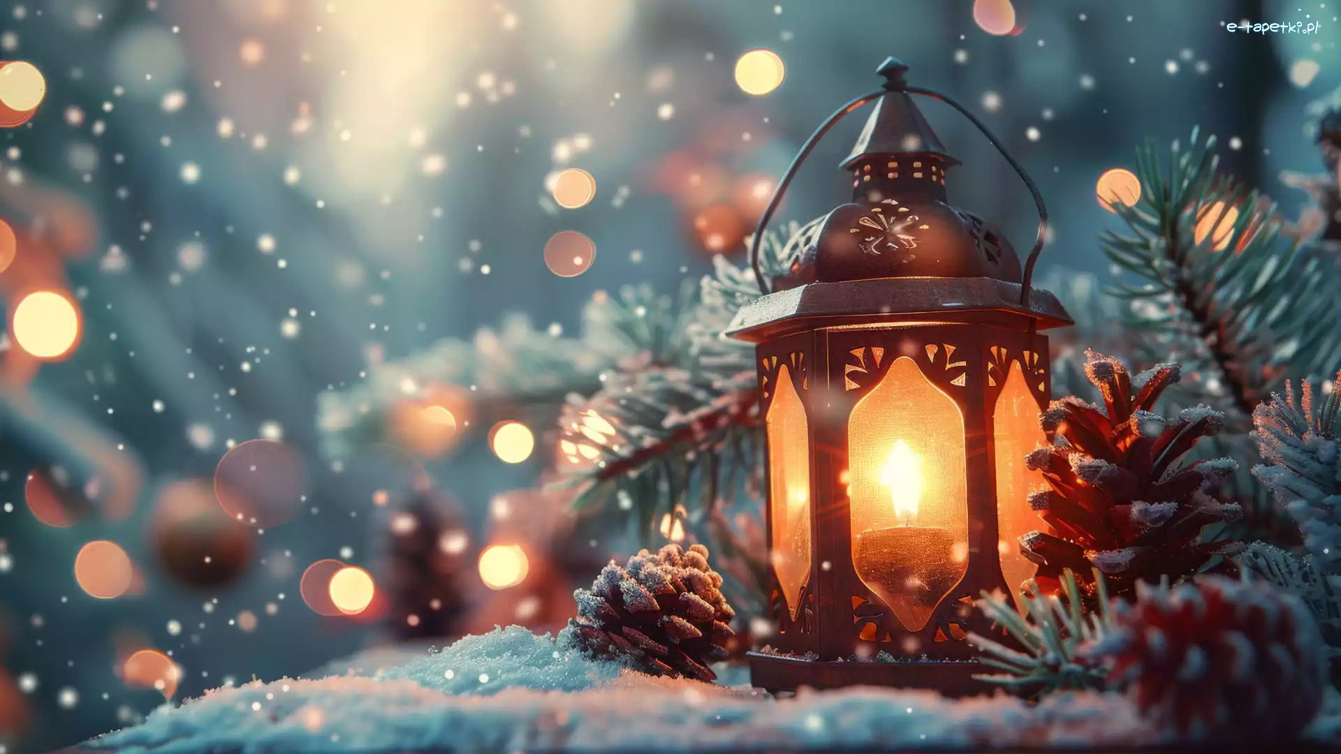 Grafika, Świeca, Gałązki, Lampion, Zima, Śnieg, Szyszki