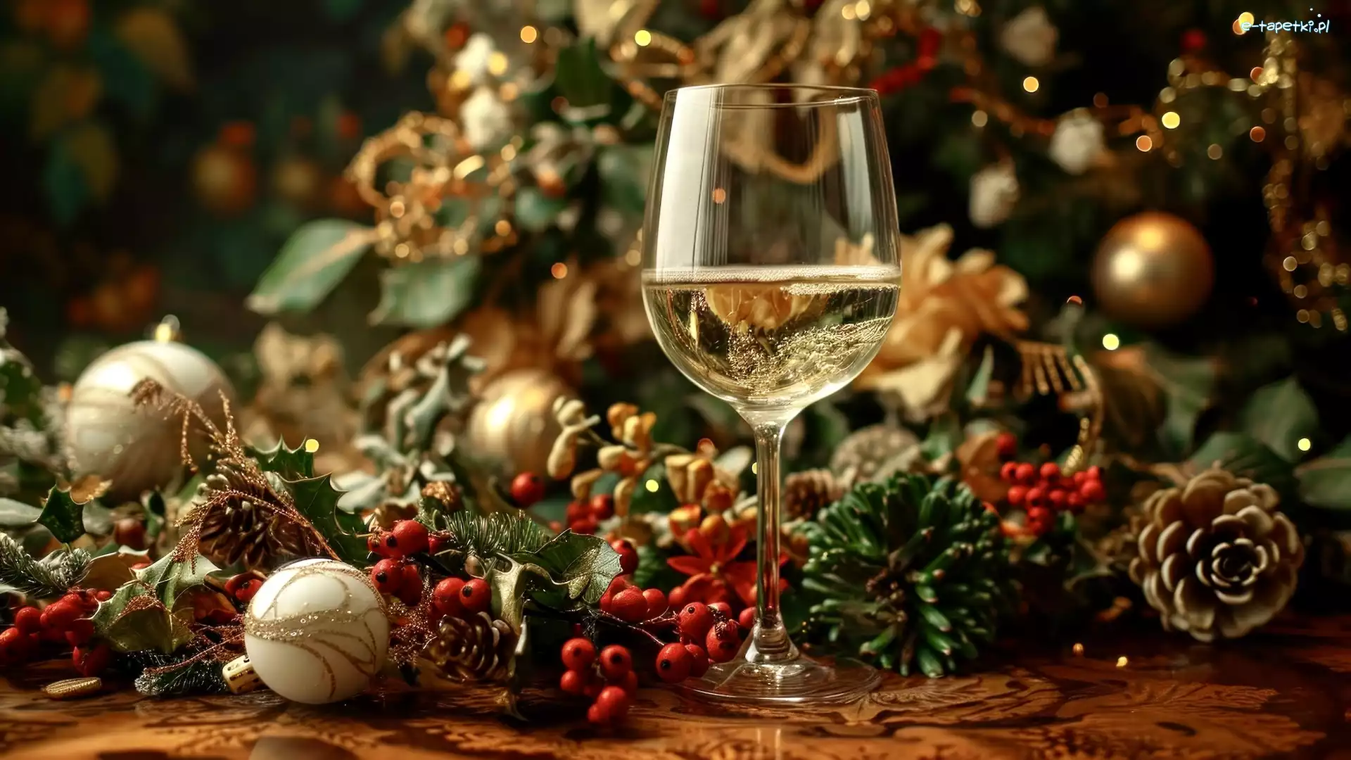 Wino, Kieliszek, Świerk, Gałęzie, Kompozycja, Boże Narodzenie, Szyszki, Bombki, Jagody