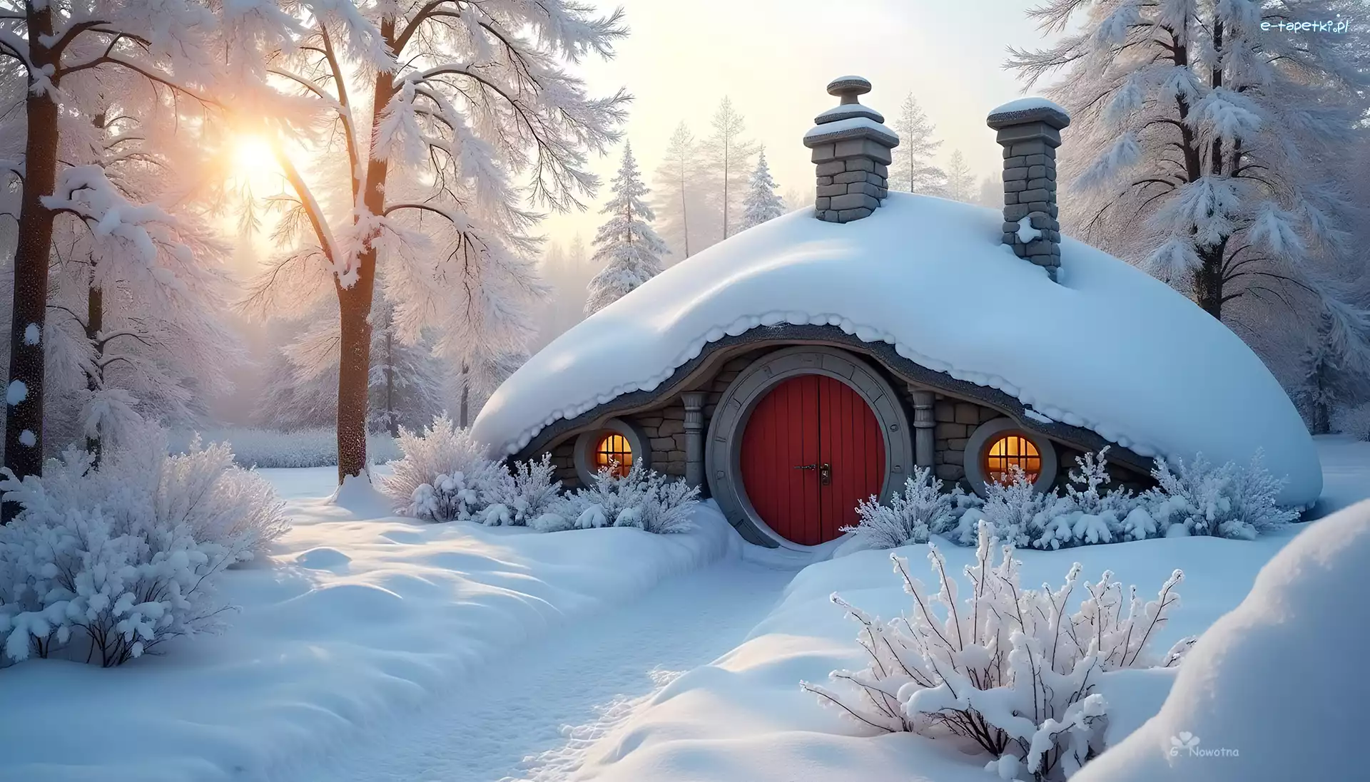 Zima, Drzewa, Śnieg, Grafika, Hobbit, Domek
