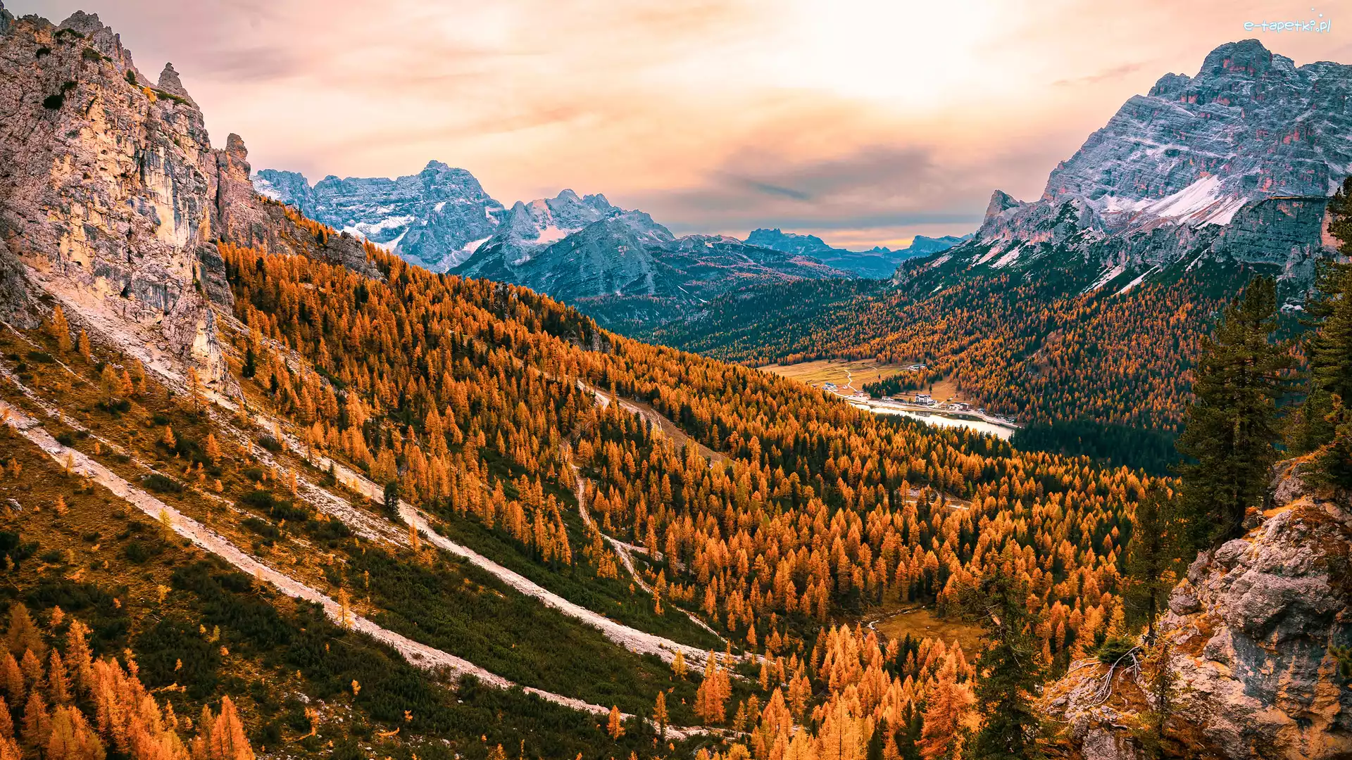 Dolina, Cadini di Misurina, Drzewa, Włochy, Dolomity, Góry