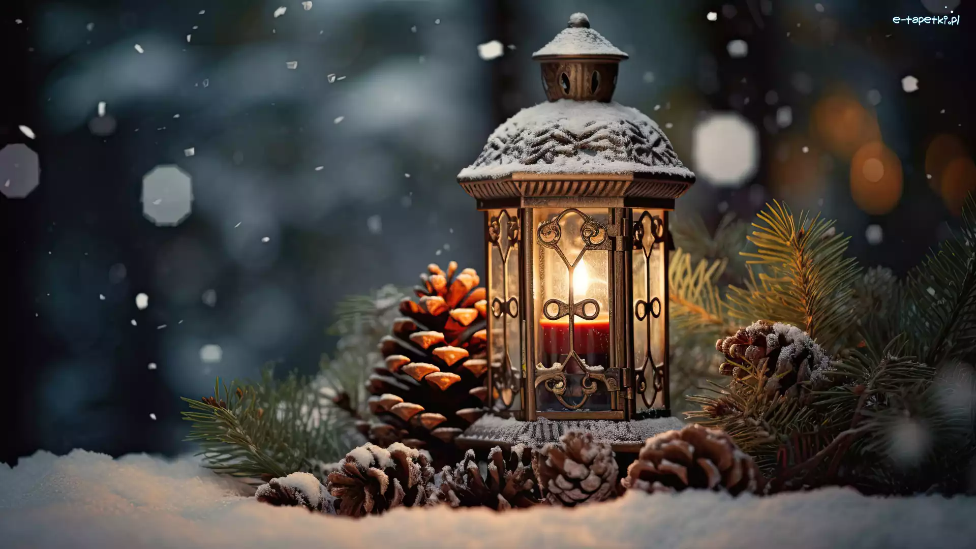 Śnieg, Szyszki, Gałęzie, Noc, Świeca, ZLampion