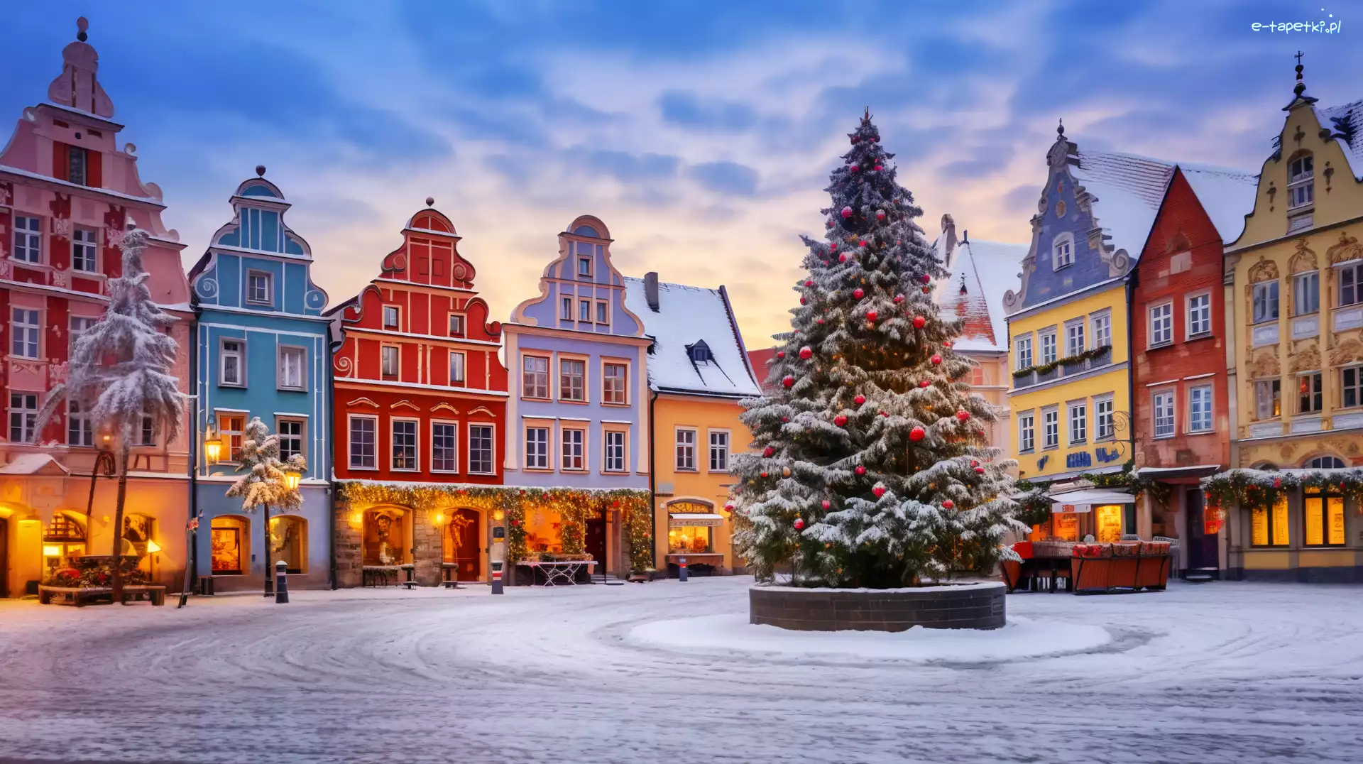 Choinka, Domy, Boże Narodzenie, Zima, Rynek, Miasto