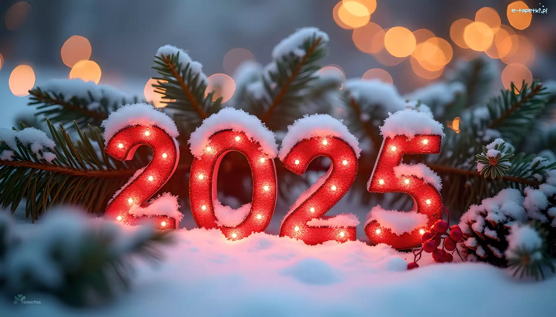 Grafika, Świerkowe, Gałązki, Śnieg, 2025, Nowy Rok