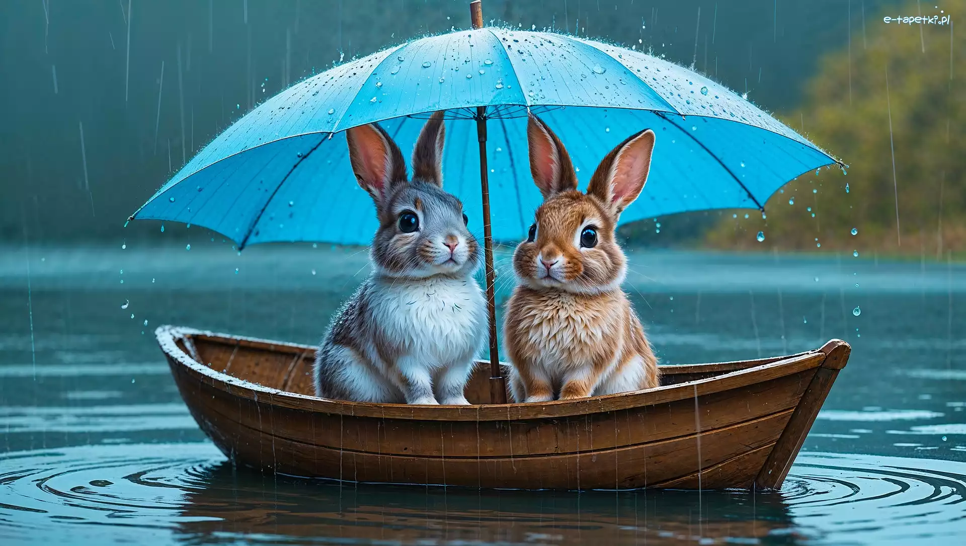 Grafika, Króliki, Łódka, Parasol, Deszcz