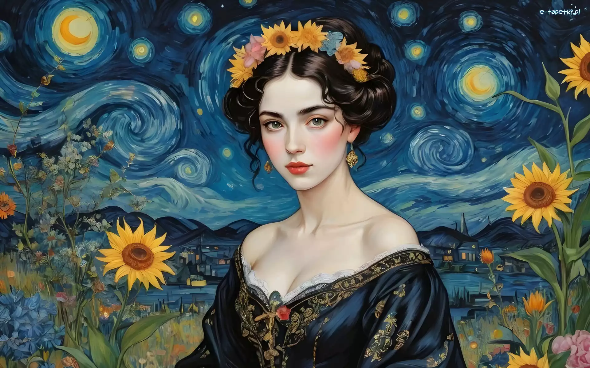 Kobieta, Spojrzenie, Portret, Słoneczniki, Kwiaty