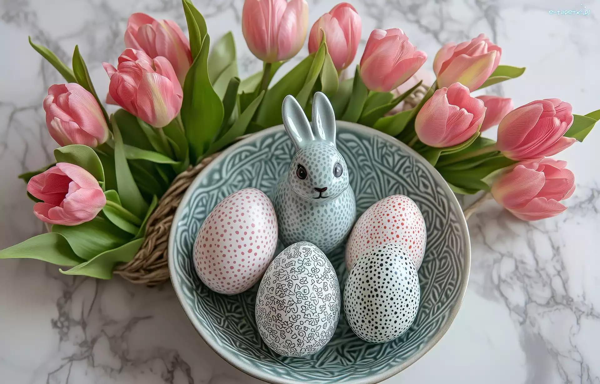 Tulipany, Zajączek, Pisanki, Figurka, Wielkanoc, Różowe, Talerz