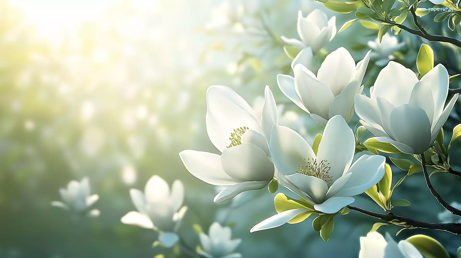 Magnolia, Gałązki, Słoneczne, Kwiaty, Białe, Grafika, Światło