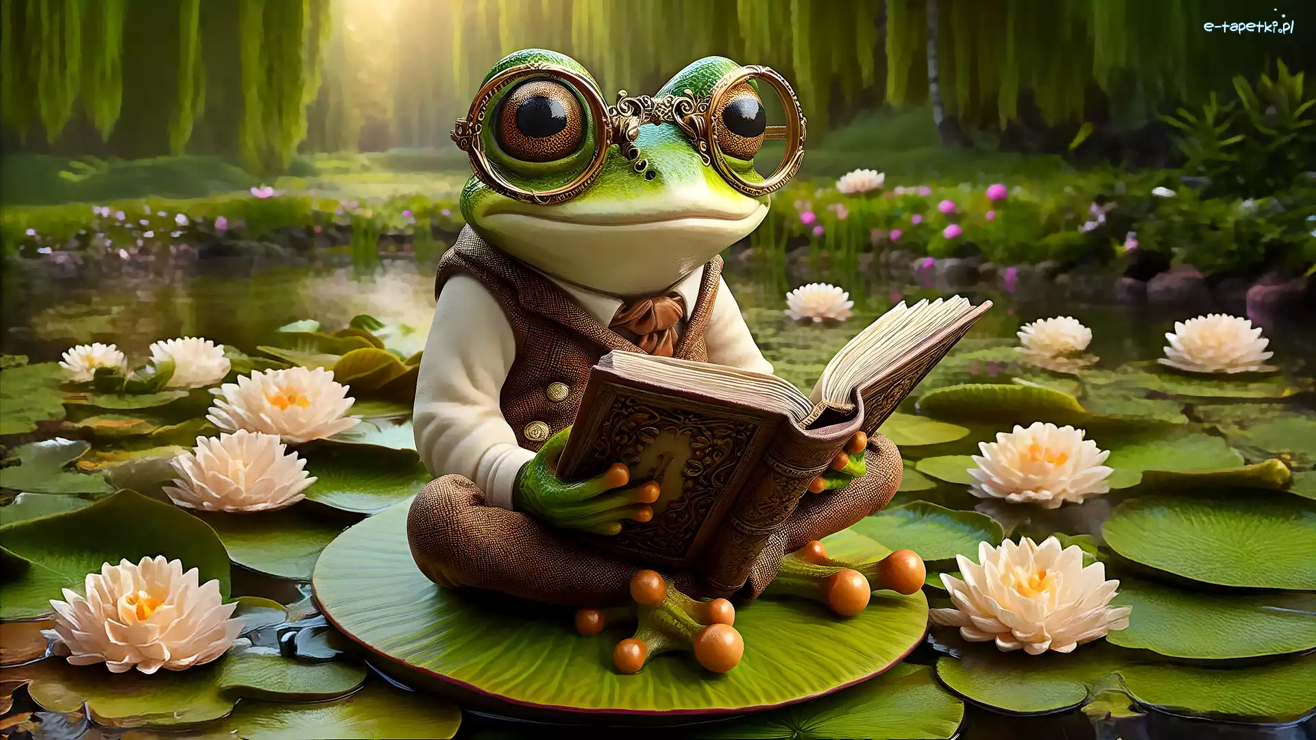 Grafika, Liście, Lilie wodne, Książka, Żaba, Las, Staw
