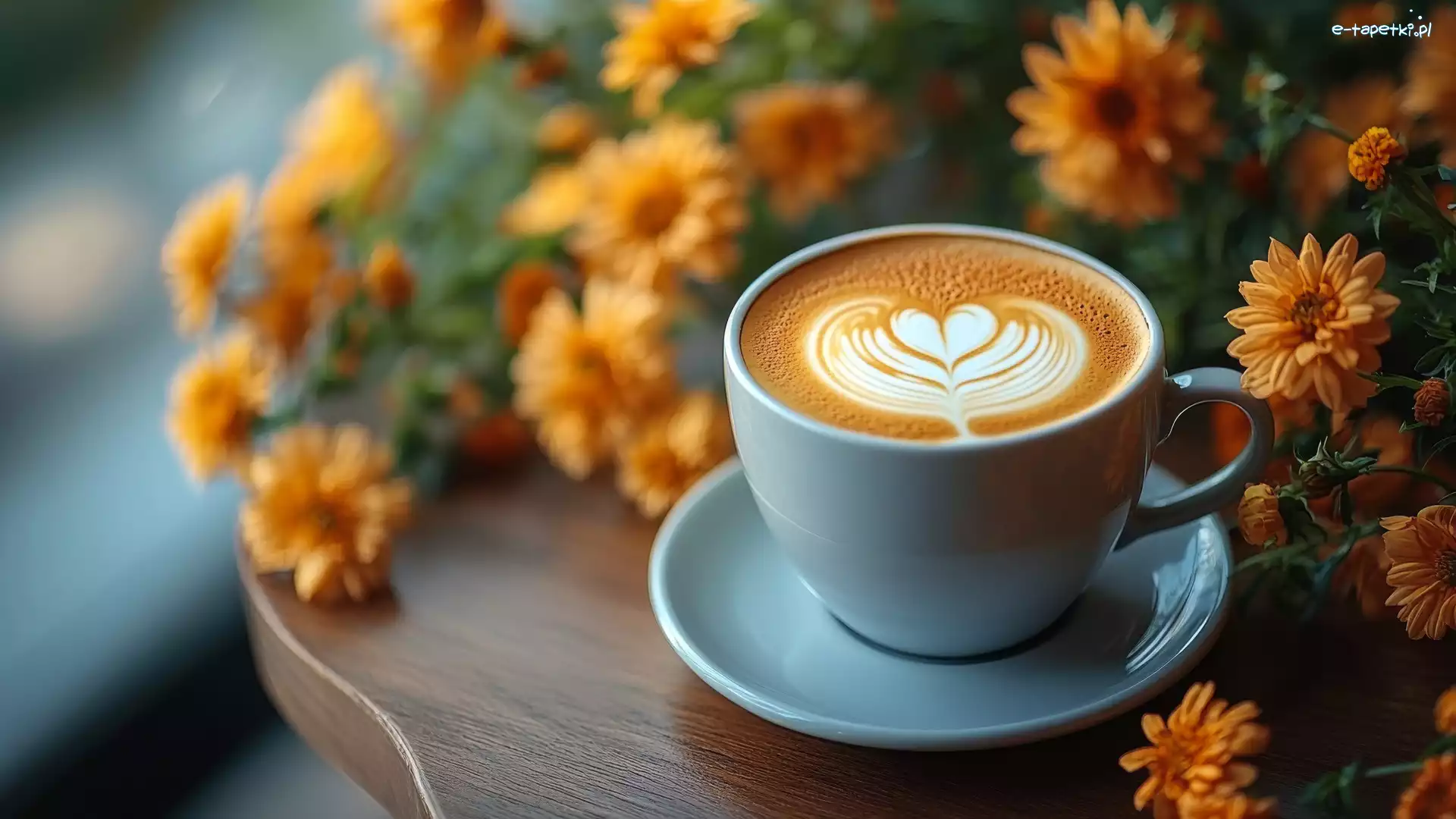 Pomarańczowe, Cappuccino, Talerzyk, Kawa, Filiżanka, Kwiaty, Stół