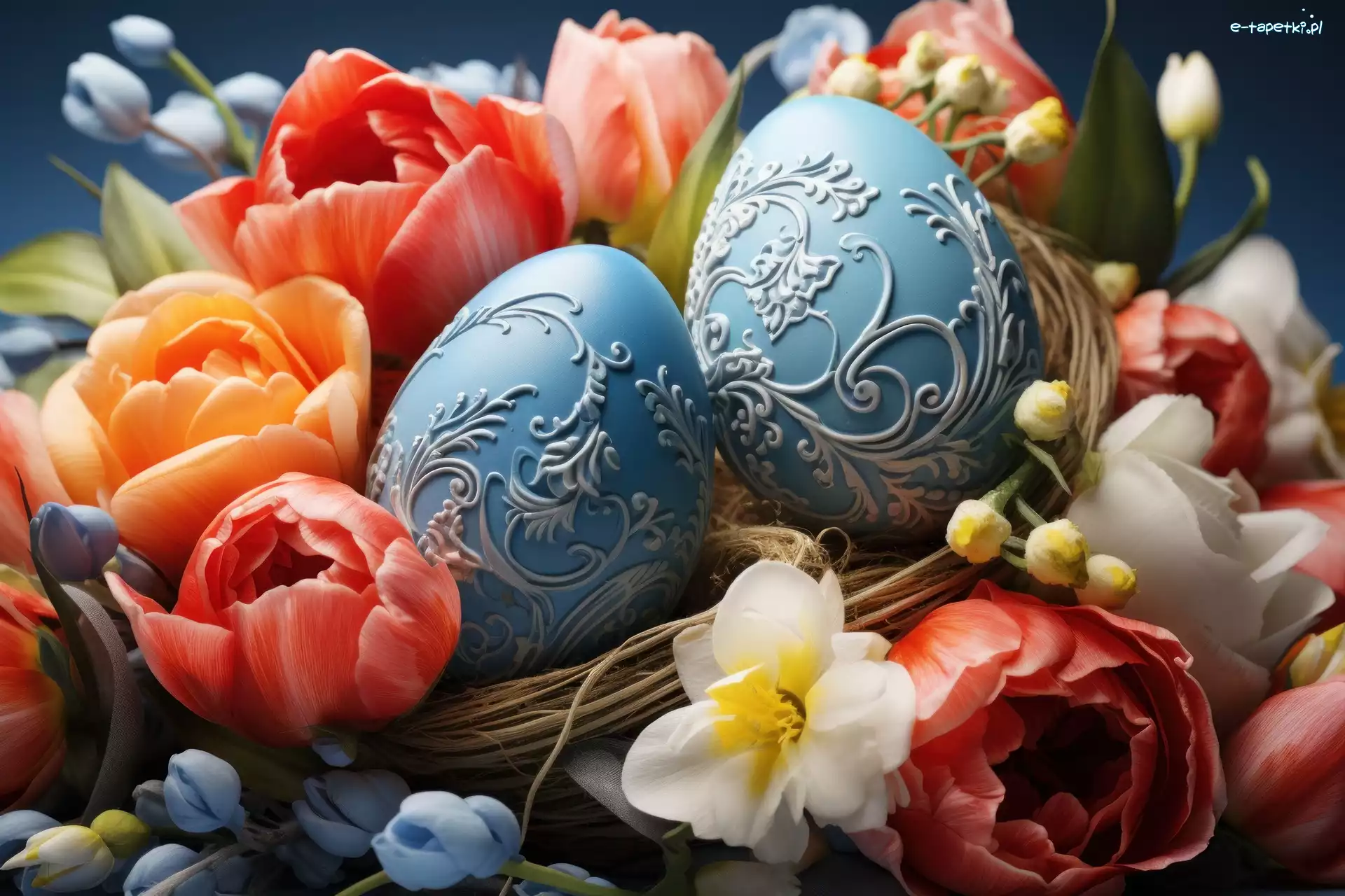 Wielkanoc, Pisanki, Kompozycja, Grafika, Kwiaty, Tulipany
