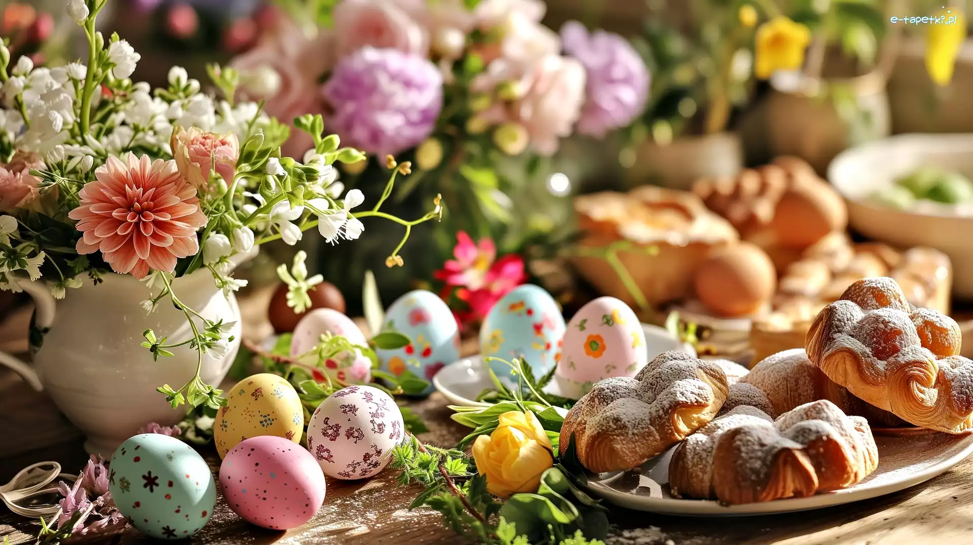Kwiaty, Stół, Grafika, Pieczywo, Śniadanie, Bukiet, Pisanki, Wielkanoc