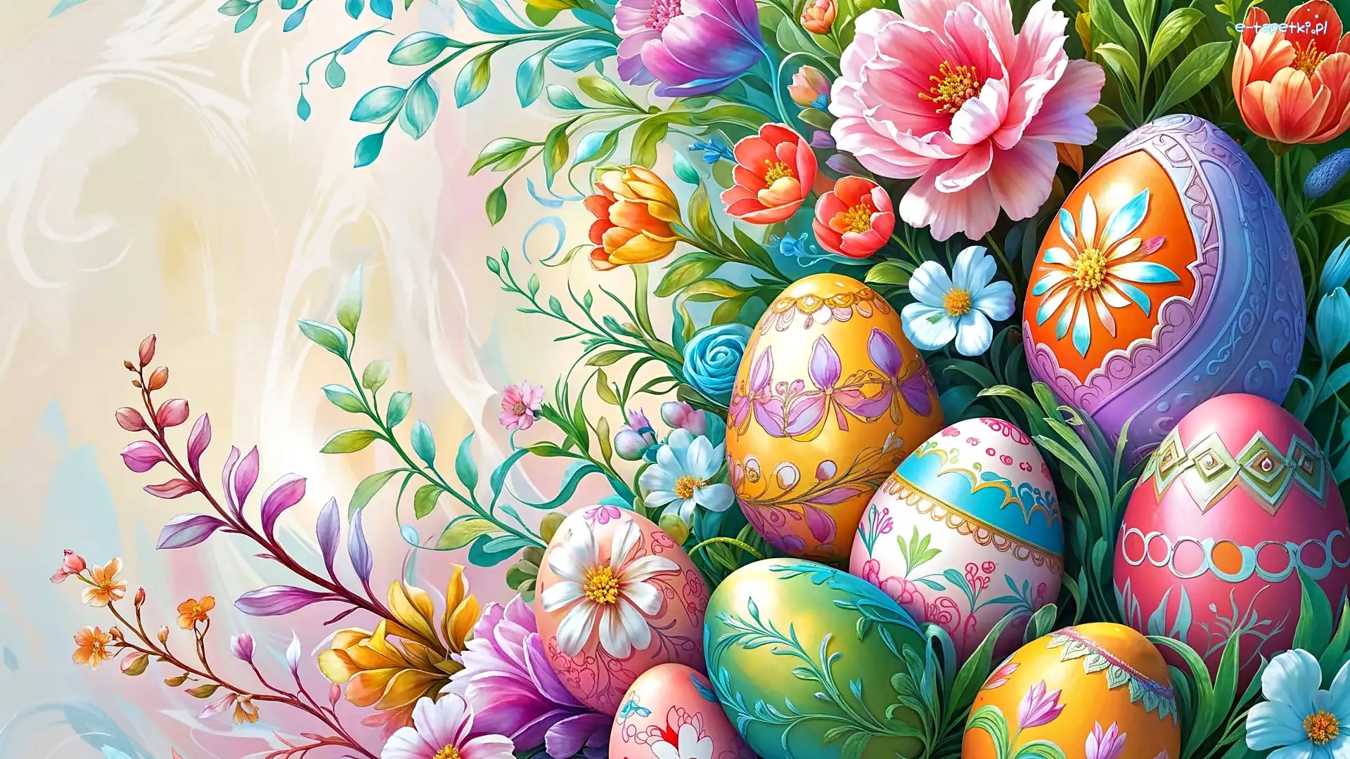 Wielkanoc, Kwiaty, Gałązki, Grafika, Pisanki, Kolorowe