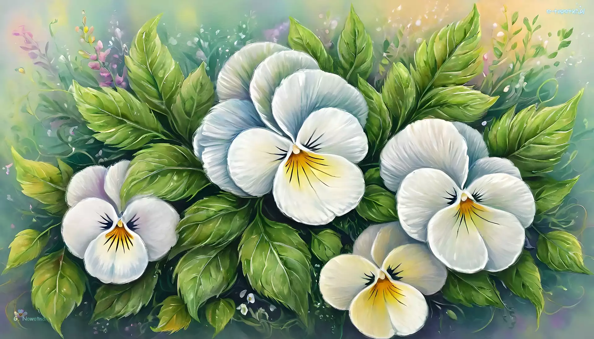 Liście, Grafika, Kwiaty, Bratki