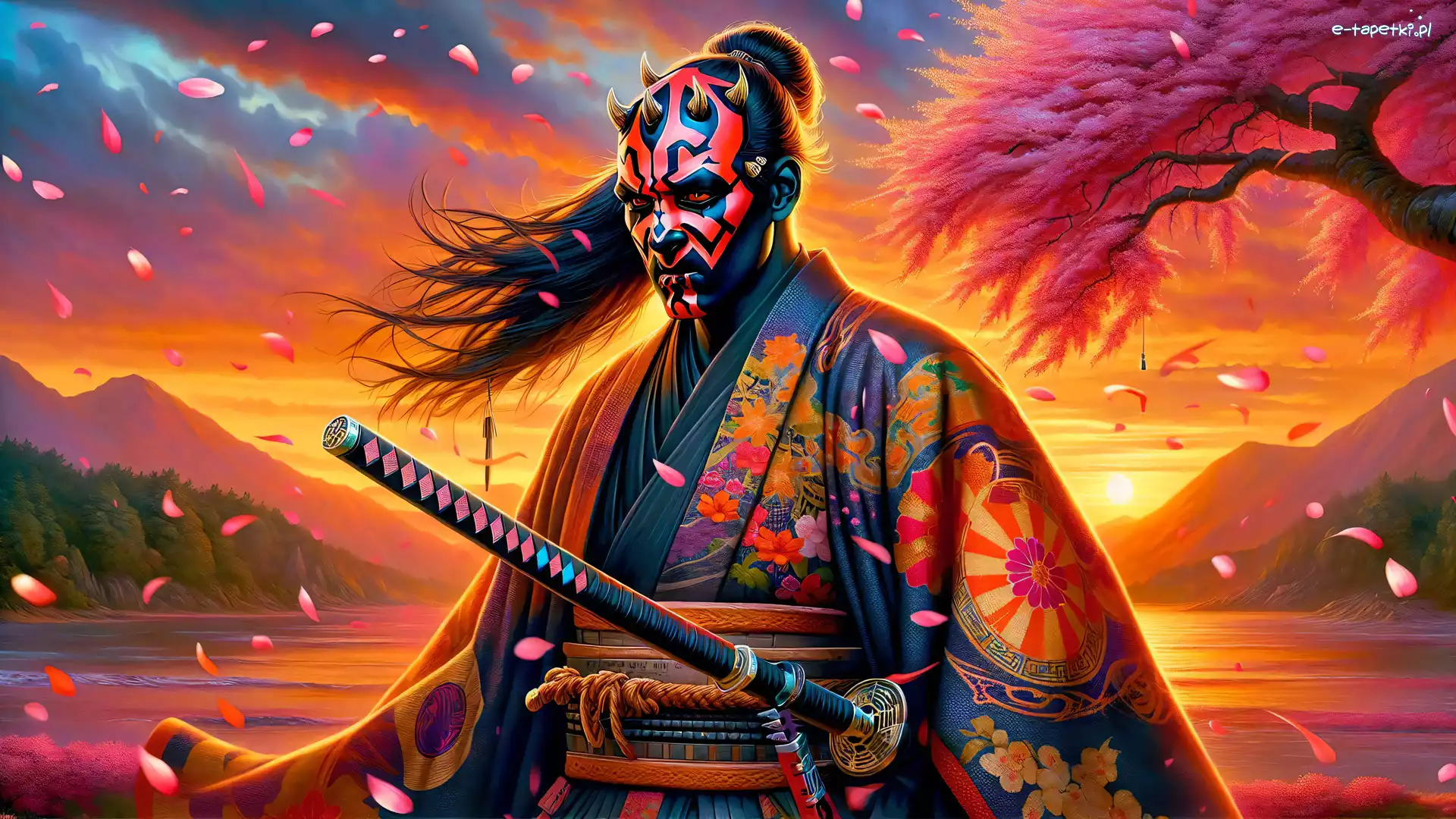 Maska, Samuraj, Grafika, Drzewo, Kimono, Zachód słońca, Góry, Darth Maul