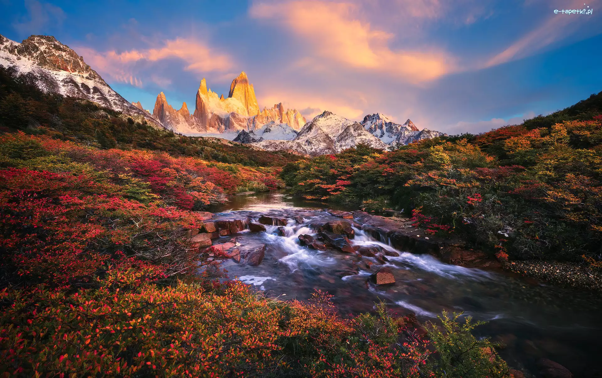 Szczyt, Patagonia, Rzeka, Drzewa, Góry, Fitz Roy, Jesień, Argentyna