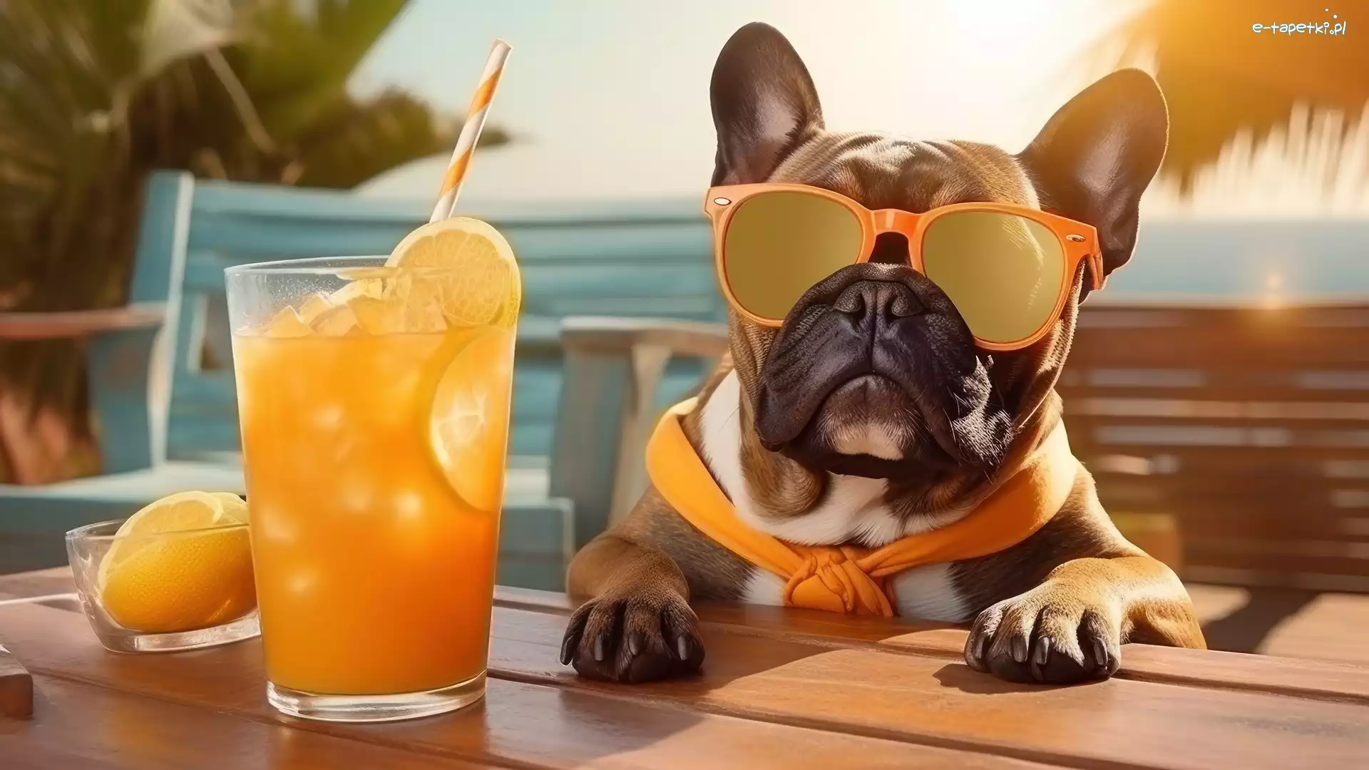 Pies, Szal, Okulary, Buldog francuski, Drink