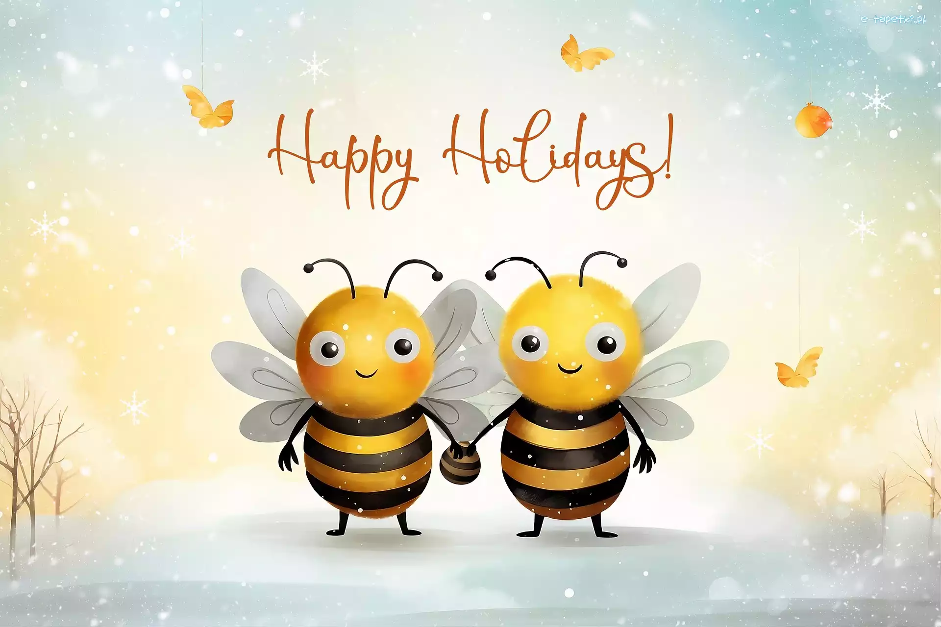 Dwa, Napis, Pszczoły, Grafika, Happy Holidays