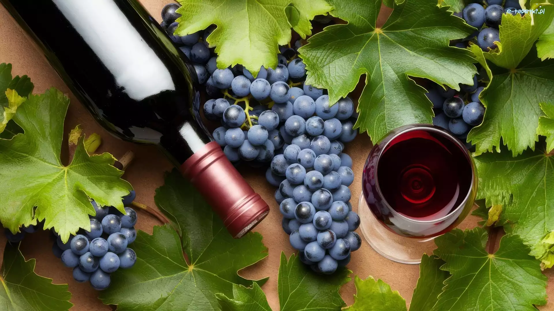 Butelka, Kieliszek, Wino, Grafika, Liście, Winogrona