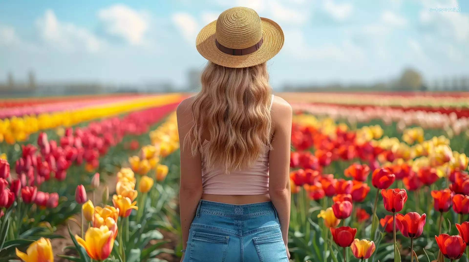 Kapelusz, Dziewczyna, Grafika, Plantacja, Blondynka, Tulipany, Kwiaty, Kobieta